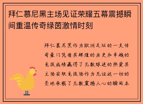 拜仁慕尼黑主场见证荣耀五幕震撼瞬间重温传奇绿茵激情时刻