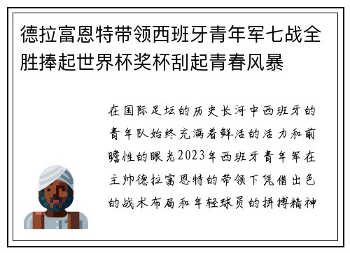 德拉富恩特带领西班牙青年军七战全胜捧起世界杯奖杯刮起青春风暴 德拉富恩特带领西班牙青年军七战全胜捧起世界杯奖杯刮起青春风暴